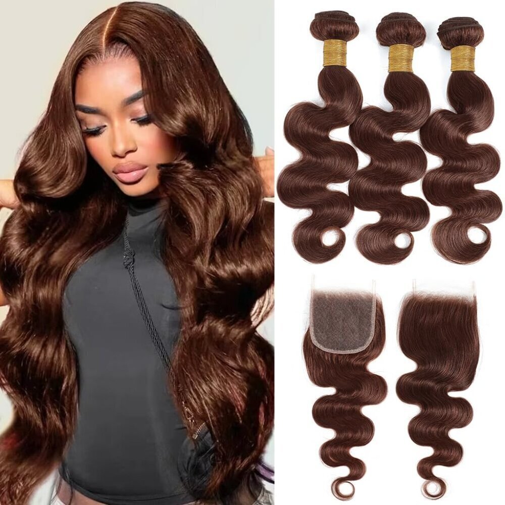 Chocolate Brown Human Hair Bundles with Closure 12 14 16 Inch for Sew-In